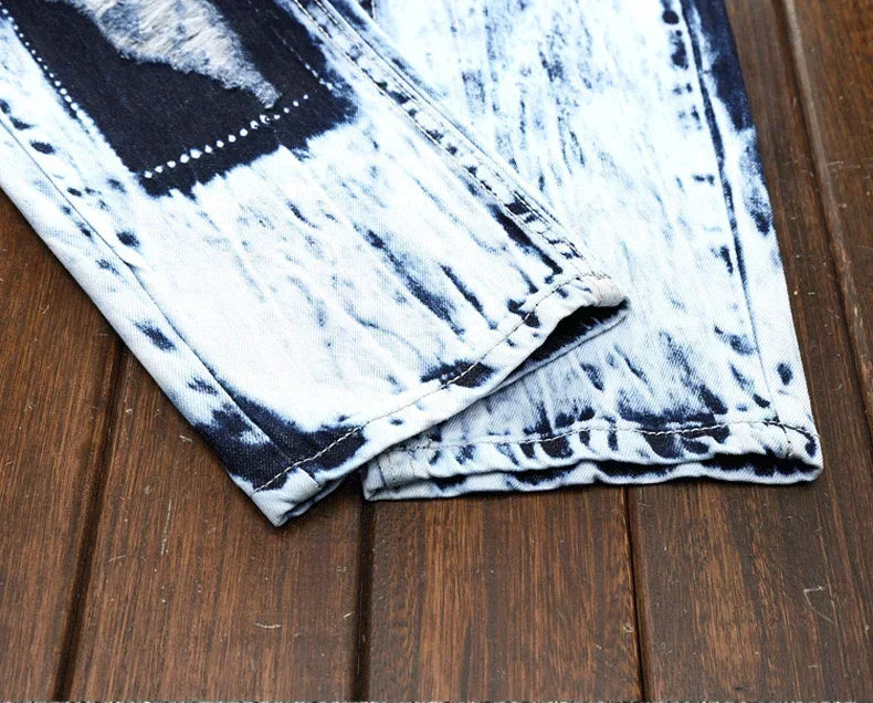 Denim Embroidered Patchwork Ripped Jeans (without Belt) Slim Fashion High Street Motorcycle Denim Pants Male Designer Clothes, men's jeans