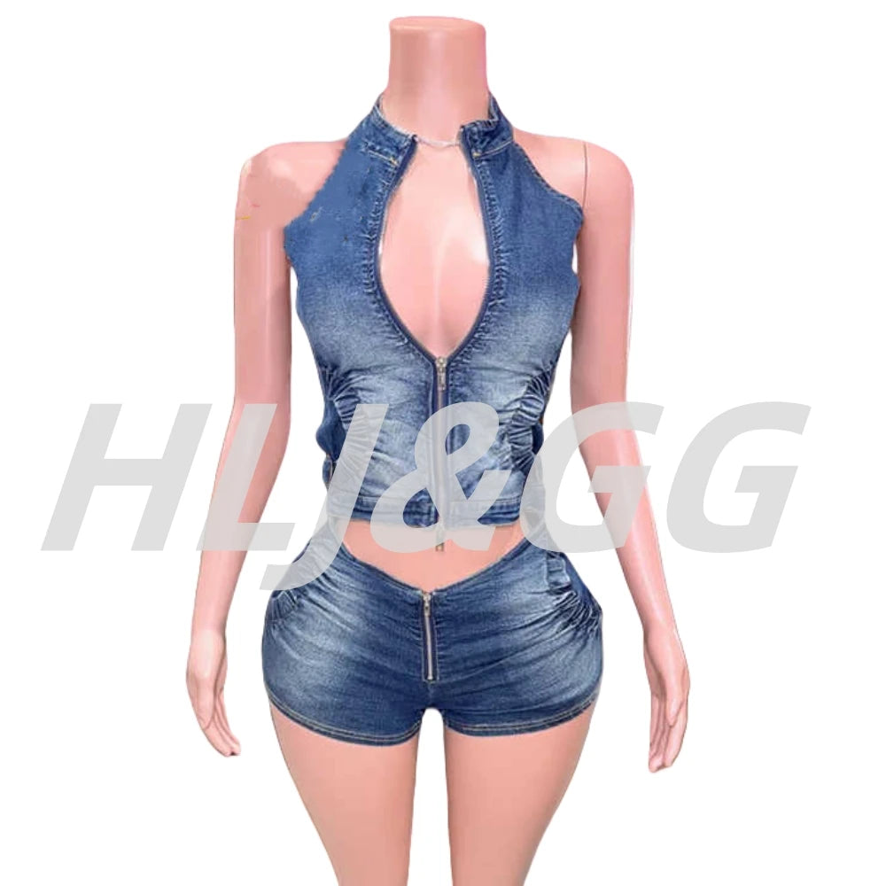 HLJ&GG Blue Fashion jeans Halter Two Piece Sets Women Sleeveless Backless Slim Crop Top And Skinny Jean Pants Outfits Streetwear