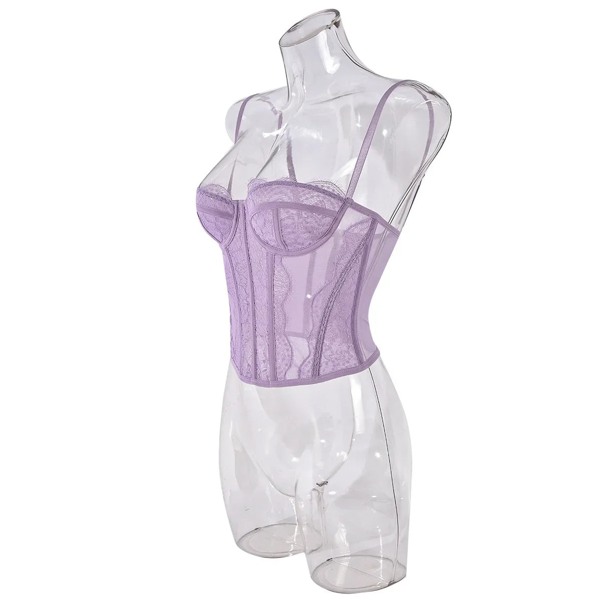 Sexy Lace Mesh Spaghetti Strap Open Back Boned Corset Women Summer Slim Lingerie Bodyshaper Bustier Camisole Halter Vest