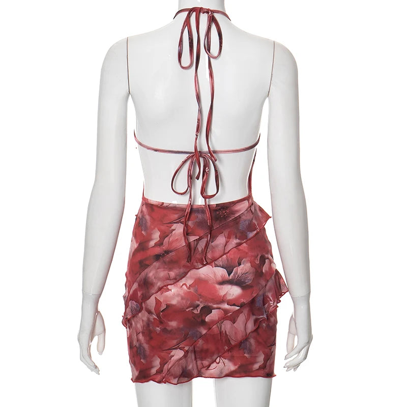 Weird Puss Multilayer Ruffles Dress Women Y2K Backless Halter Tie-Dye Flowers Sleeveless Sexy Stretch Elegant Clubwear Bodycon
