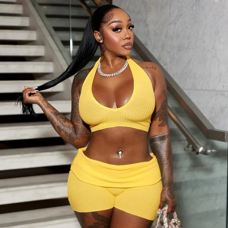STYLISH LADY Printed Ribbed 2 Piece Set Women Halter Backless Crop Top and Shorts Suits 2025 Summer Sexy Club Party Outfits