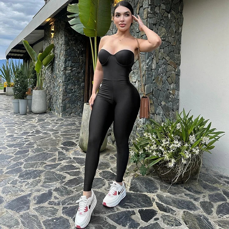 STYLISH LADY Strapless Backless Padded Jumpsuits 2025 Summer Solid Color Sexy Night Club Bodycon One Piece Overalls Streetwear