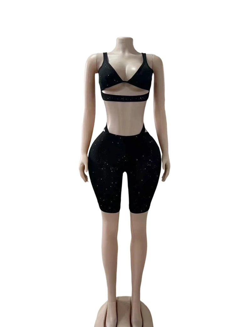 STYLISH LADY Black Sparkly 2 Piece Set Women Spaghetti Strap Crop Top and Shorts Suits 2025 Summer Hollow Out Club Party Outfits