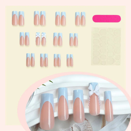 24pcs Blue French False Nails with White Bow Pearl Design Sweet Fake Nail Tips Wearable Detchable Long Ballet Press on Nails