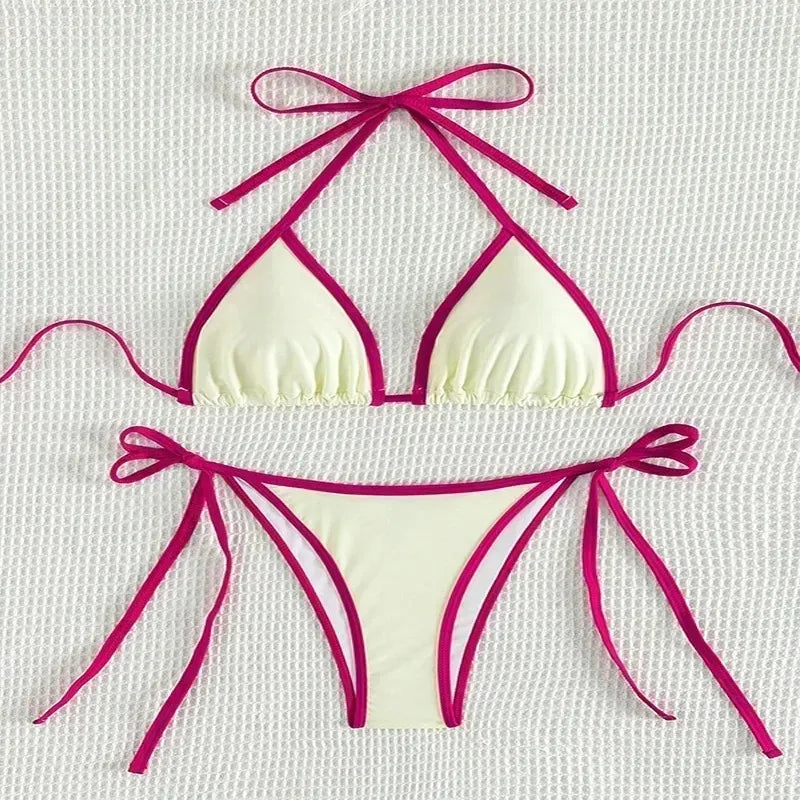 Contrast Color Patchwork Bikinis Bathing Suit Women Sexy Lace Up Triangle Thong Micro Bikini 2025 New Swimwear Biquini Beachwear