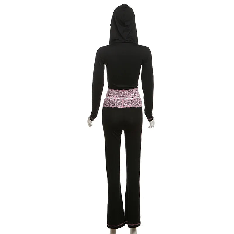 HLJ&GG Black Y2K Letter Printing Hooded Lace Splicing Two Piece Sets Women Zipper Long Sleeve Slim Top And Pants Outfits 2025