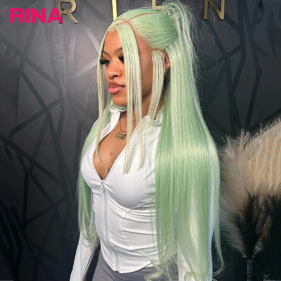 Light Mint Green Straight 13x6 Frontal Human Wig Pre Plucked 613 Colored Bone Straight Transparent 13x4 Lace Front Wig for Women