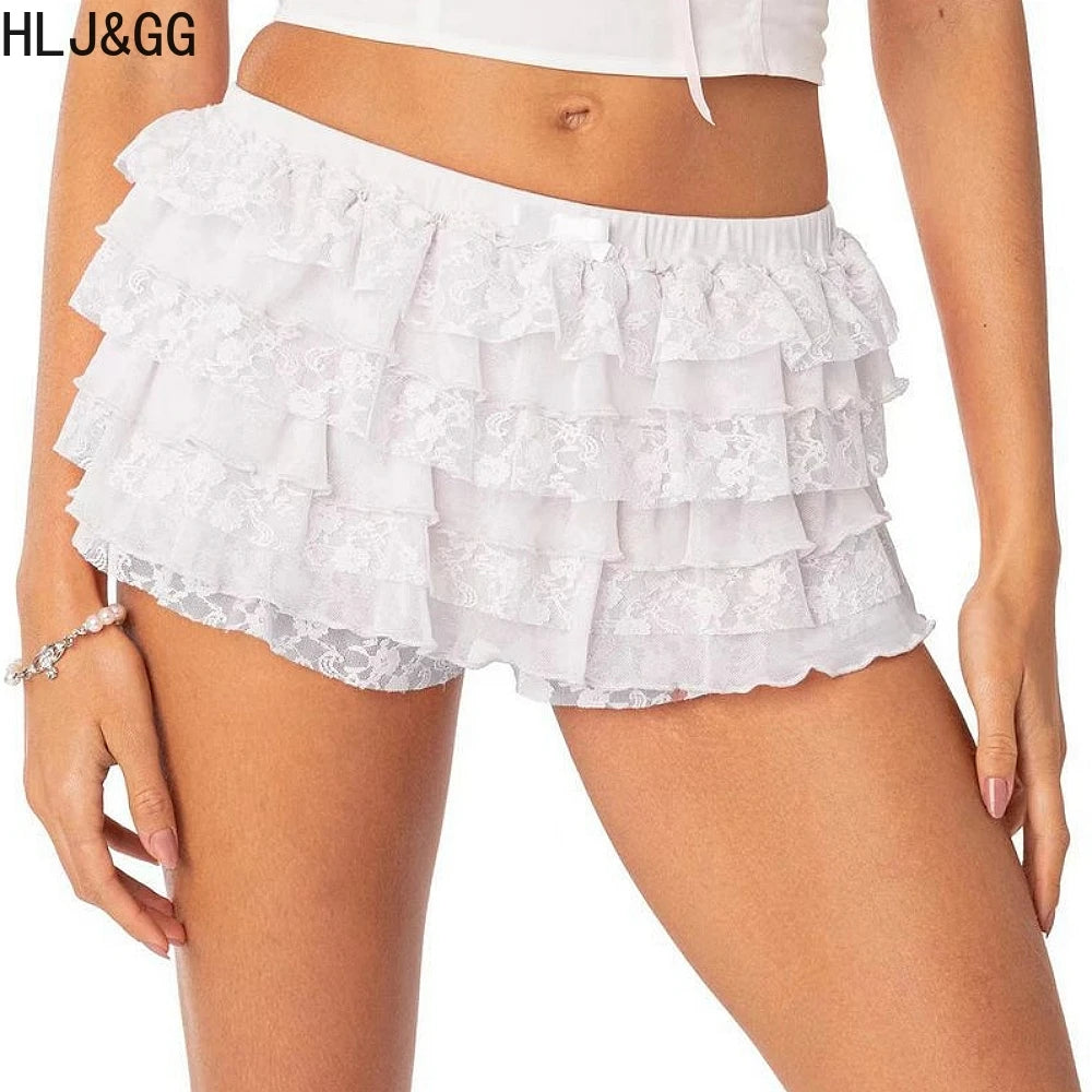 HLJ&GG Sexy Lace Splicing See Though Hollow Two Piece Sets Women Sleeveless Slim Crop Top+Ruffle Mini Skirts Outfits Streetwear