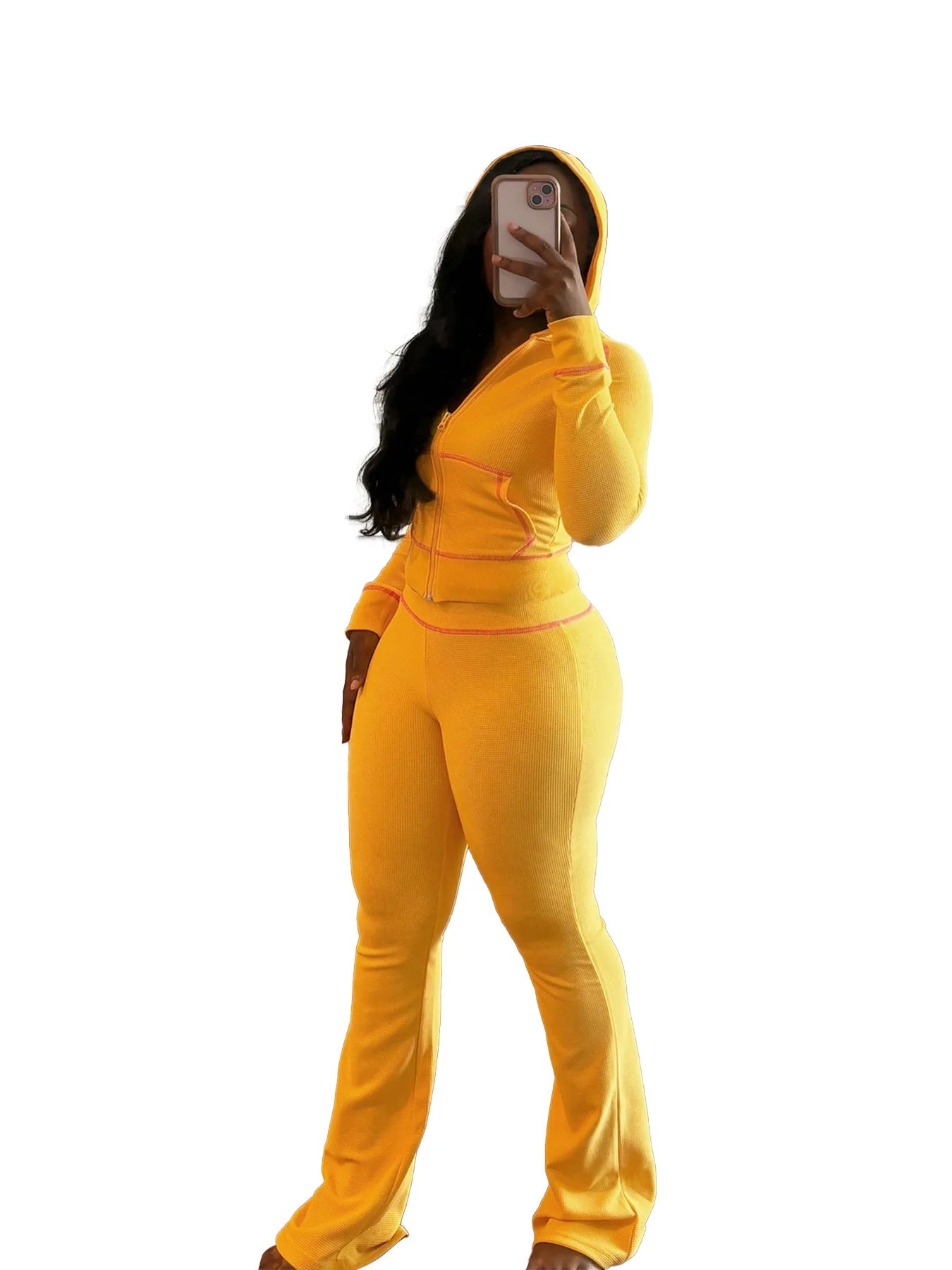 HLJ&GG Spring New Waffle Flare Pants Two Piece Sets Women Zip Hooded Long Sleeve Top + Pants Outfits Casual Sporty 2pcs Clothing