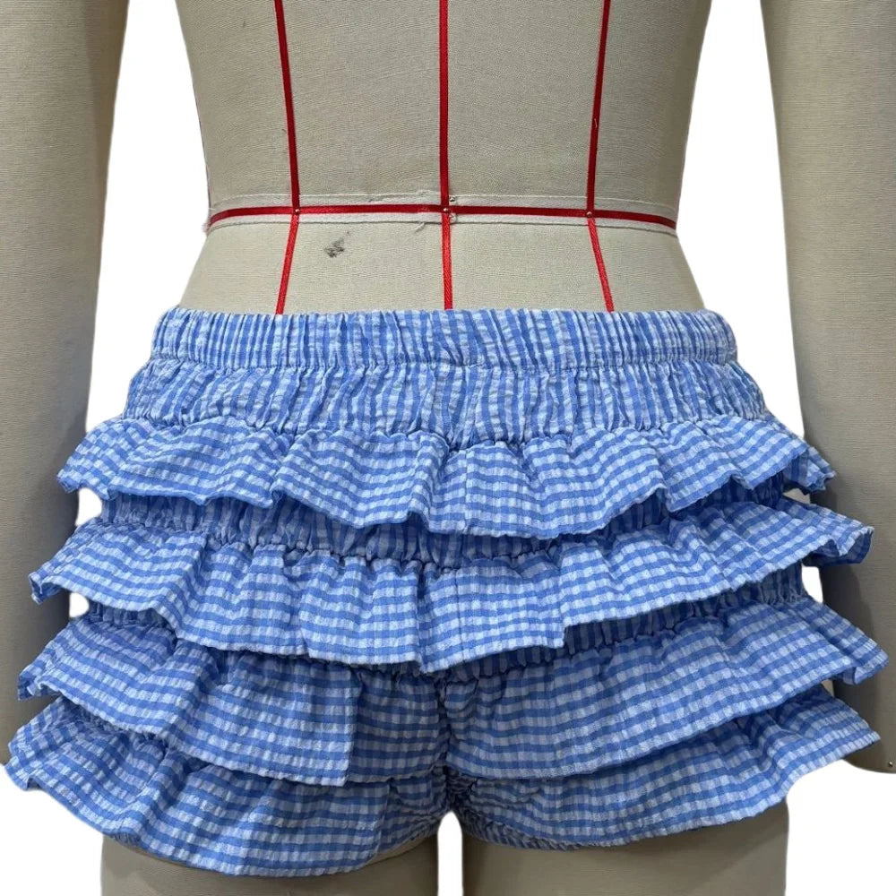HLJ&GG Summer New Letter Y2K Streetwear Women V Neck Short Sleeve Slim Crop Top And Ruffle Plaid Shorts Two Piece Sets Outfits