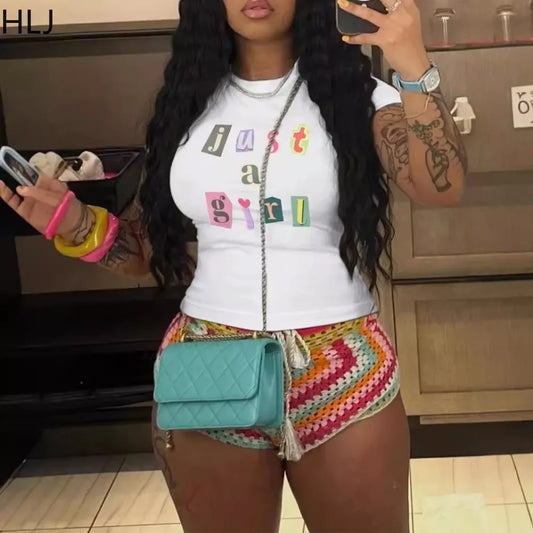 HLJ&GG Fashion Y2K Streetwear Women Letter Print O Neck Slim Crop Top And Mesh Sheer Bow Skinny Pants 2 Piece Sets Outfits 2024