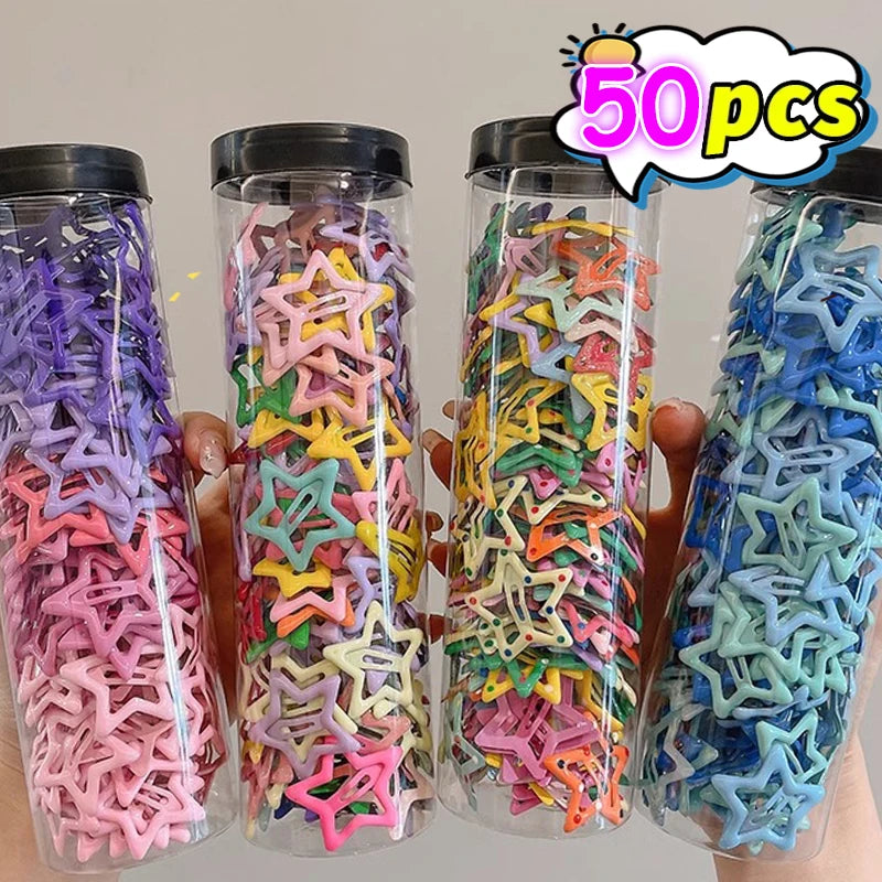 10/50pcs Colorful Kawaii Star Barrettes Y2K Sweet Girls BB Solid Star Hairclips Metal Snap Clip, Hair Jewelry Gifts