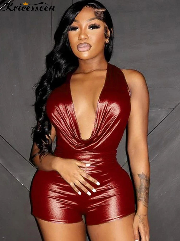 Kricesseen Women's Glitter Halter Neck Draped Metallic Rompers Glam Shiny Backless Leather Playsuits Night Out Overalls Clubwear