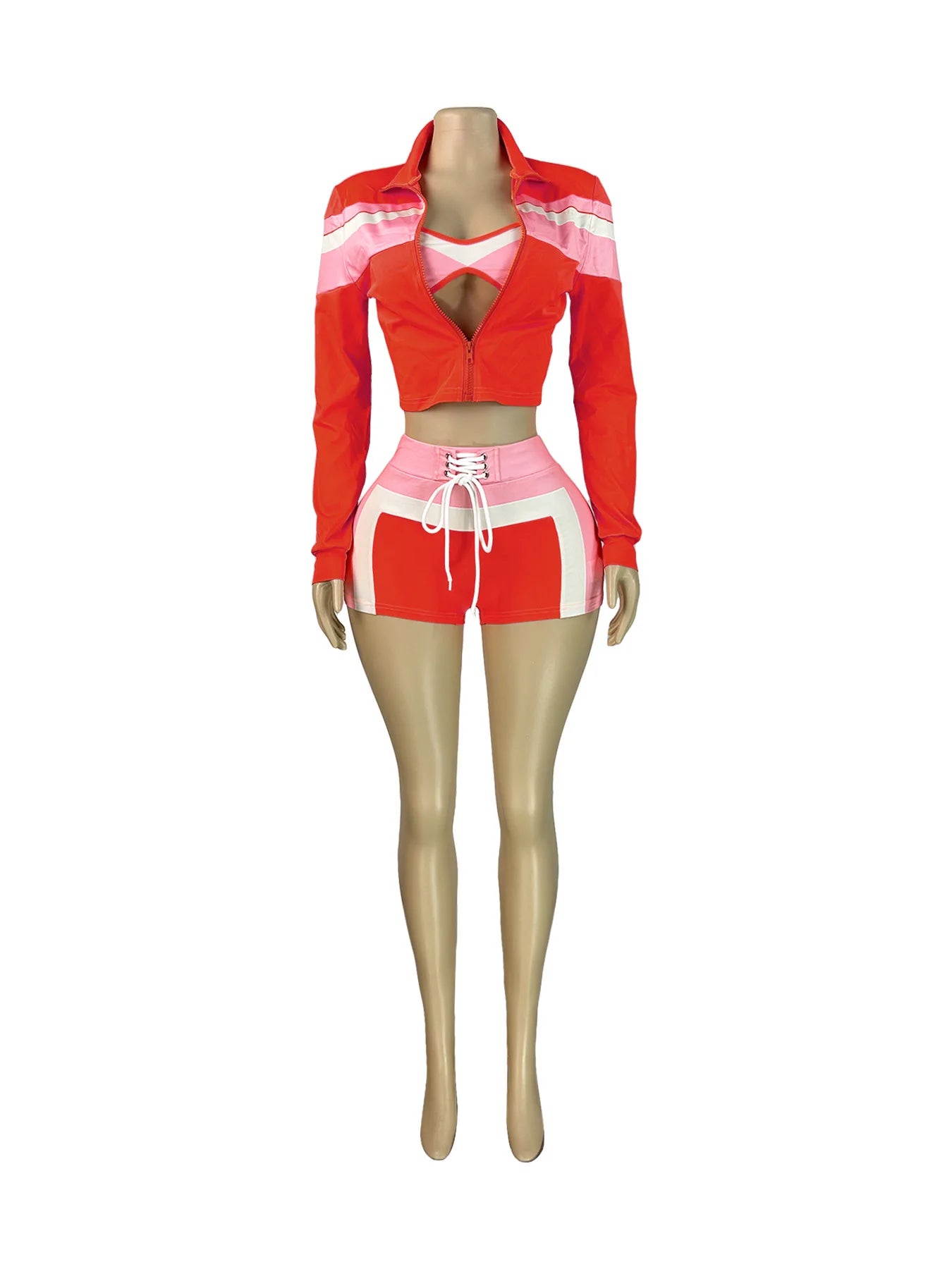 Weird Puss Colorful Print 3 Piece Set Women Tracksuit Casual Zip Crop Tops+Bra+Shirring Shorts Matching Street Stretch Outfits