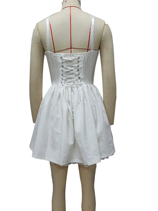 Kricesseen Sexy Women's White Lace Patchwork Back Bandage Bodycon Dresses Summer Ladies Sleeveless Strap Night Clubwear Dresses