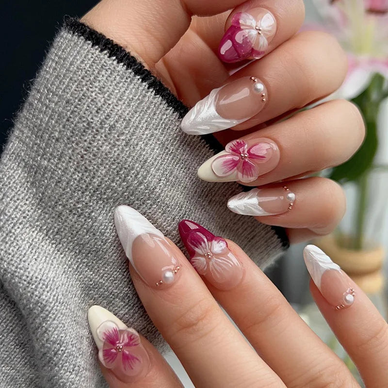 24pcs Short Almond French Press on Nails Ins Flower Design Fake Nail Tips Wearable Full Cover Sweet Korean Cute Fake Nail Patch