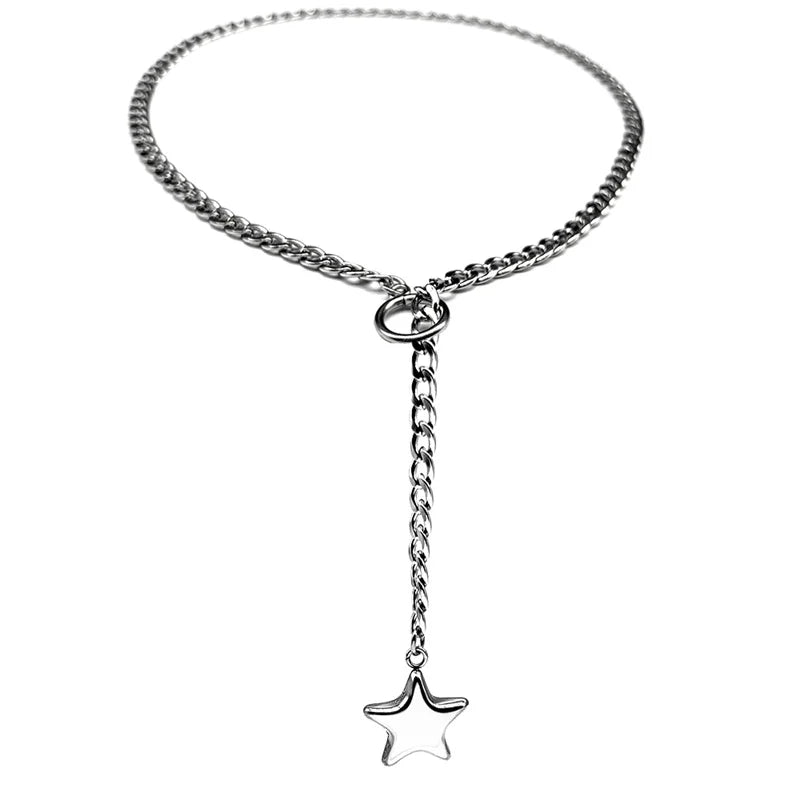 Heart Star O-ring Long Chain For Women Men Punk Rock Necklace Stainless Steel Cuban Necklaces Simple Adjustable Y-Necklace