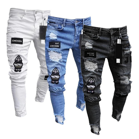 White Embroidery Skinny Ripped denim Men Cotton Stretchy Hole Slim Fit Hip Hop Denim Pants Casual Jeans for Men Jogging Trousers