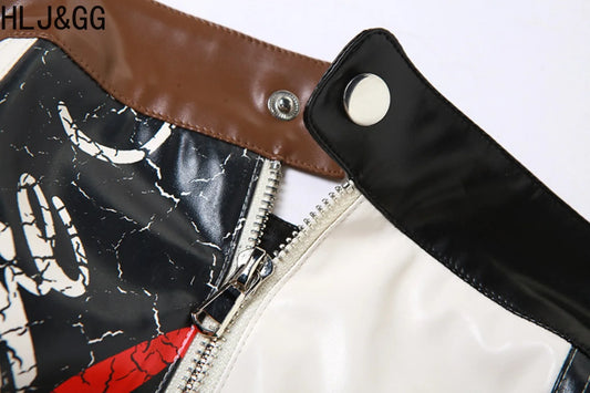 HLJ&GG Brown Y2K Fashion Leather Cargo Shorts Two Piece Sets Women Off Shoulder Zip Slim Crop Top And Shorts Outfits Streetwear