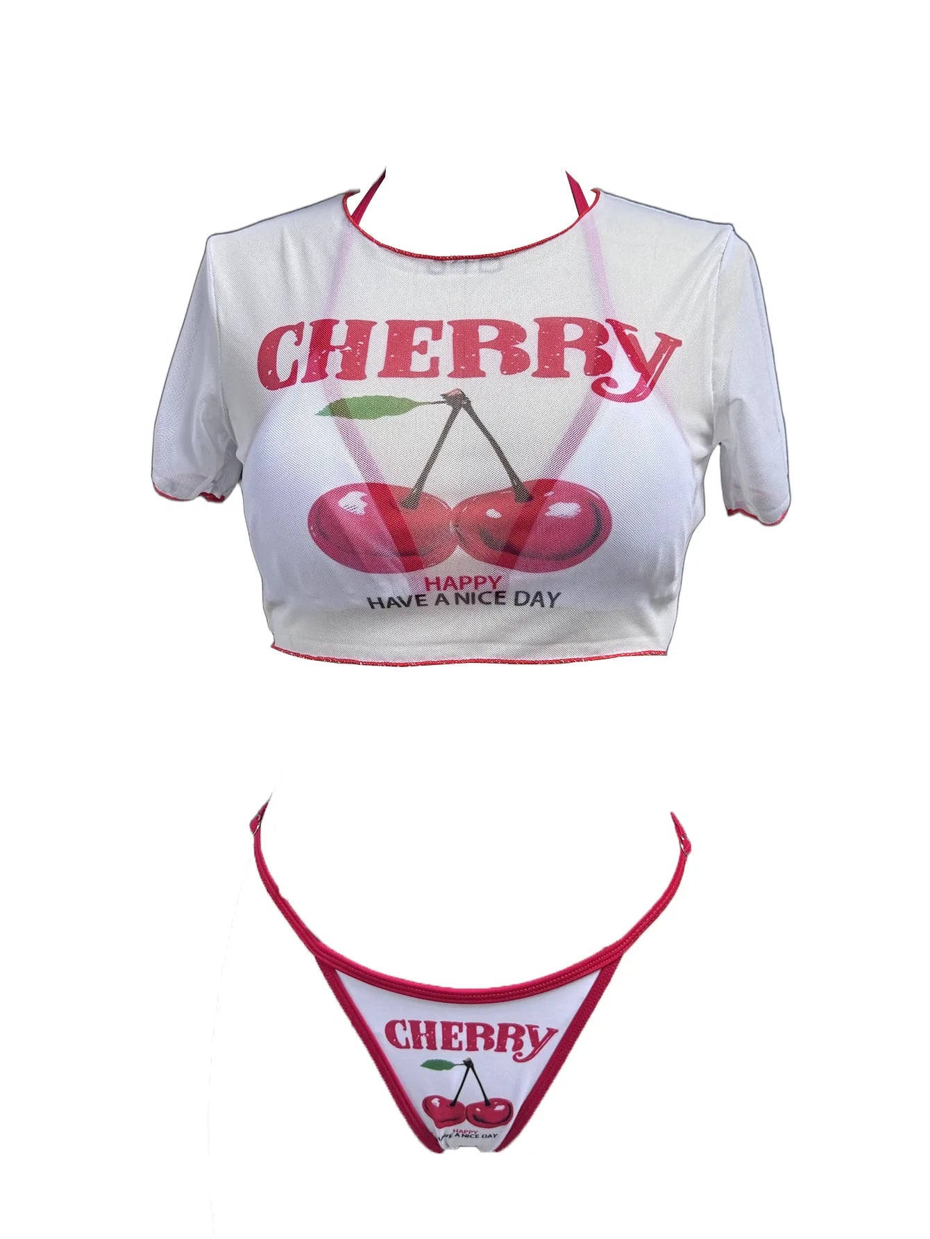 HLJ&GG Sexy Cherry Printed See Though 3 Piece Bikini Swimsuit Women Round Neck Short Sleeve Top Outfit Summer New 3pcs Beachwear