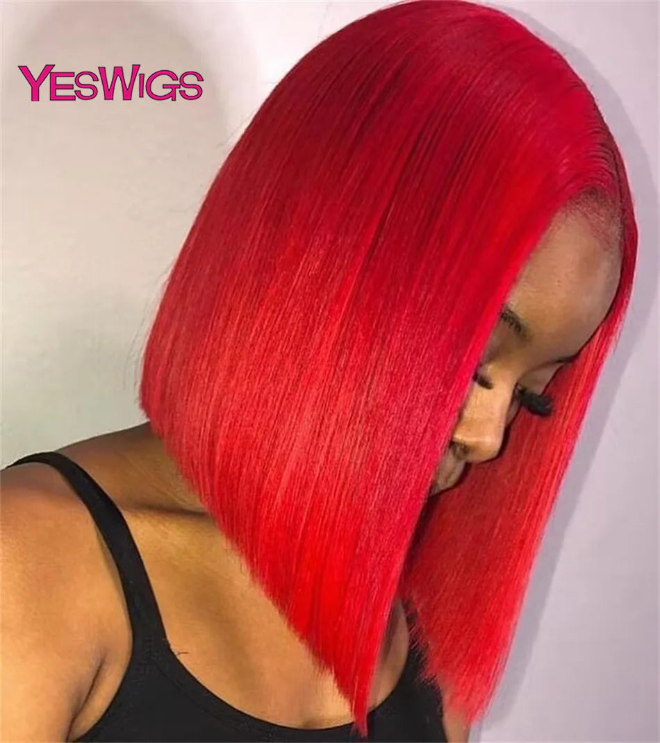 Short Bob Wig Hot Red Burgundy 99j Colored Brown Lace Front Human Hair Wigs Bone Straight Bob Wig Lace Frontal Wigs For Women