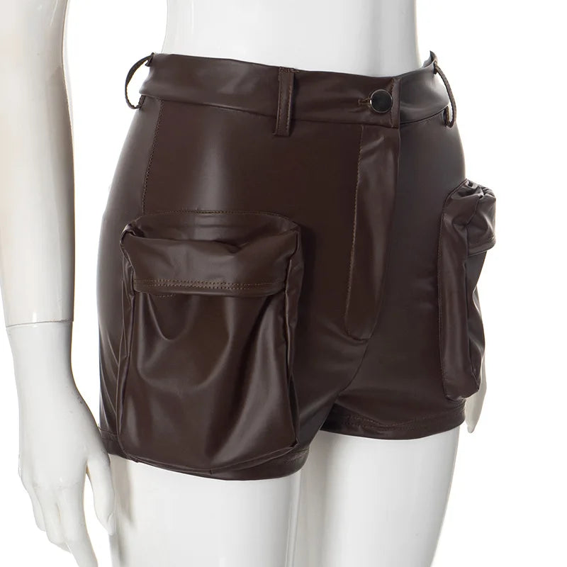 HLJ&GG Brown Y2K Fashion Leather Cargo Shorts Two Piece Sets Women Off Shoulder Zip Slim Crop Top And Shorts Outfits Streetwear