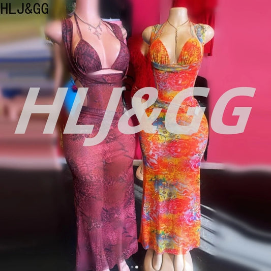 HLJ&GG Sexy Deep V Mesh See Though Bandage Long Dresses Women Tie Dye Print Sleeveless Backless Slim Vestidos Fashion Streetwear