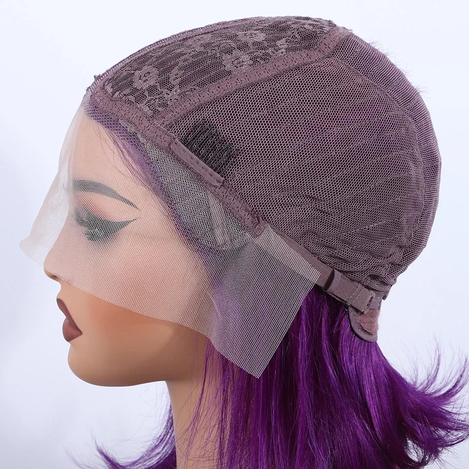 Brazilian Cosplay Purple Hair 13x5x1 T Part Transparent Lace Front Human Hair Wigs 180D Short Straight Lace Bob Wigs Human Wigs