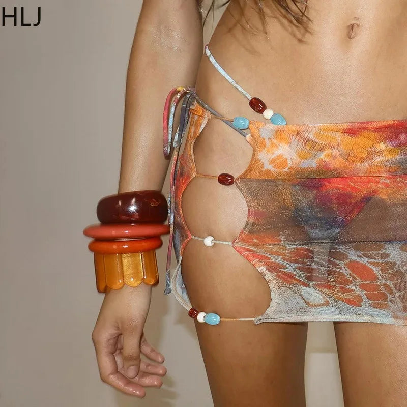 HLJ&GG Sexy Printing 2 Piece Sets Woman Outfits Spaghetti Strap Crop Bra Top+Bikini Shorts + Skirt Matching Suit Female Holiday