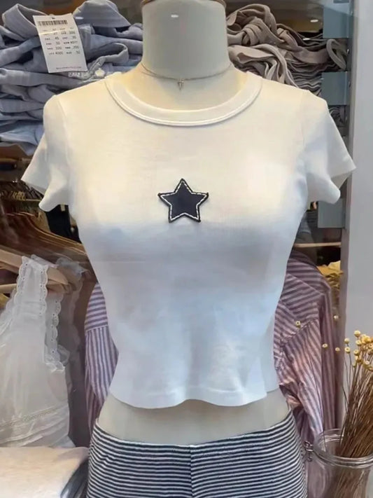 Sweet Star Appliques Slim Crop Top ladies Round Neck Short Sleeve Cotton Cropped T Shirt Summer Cute All-match T-shirts Y2K Tops
