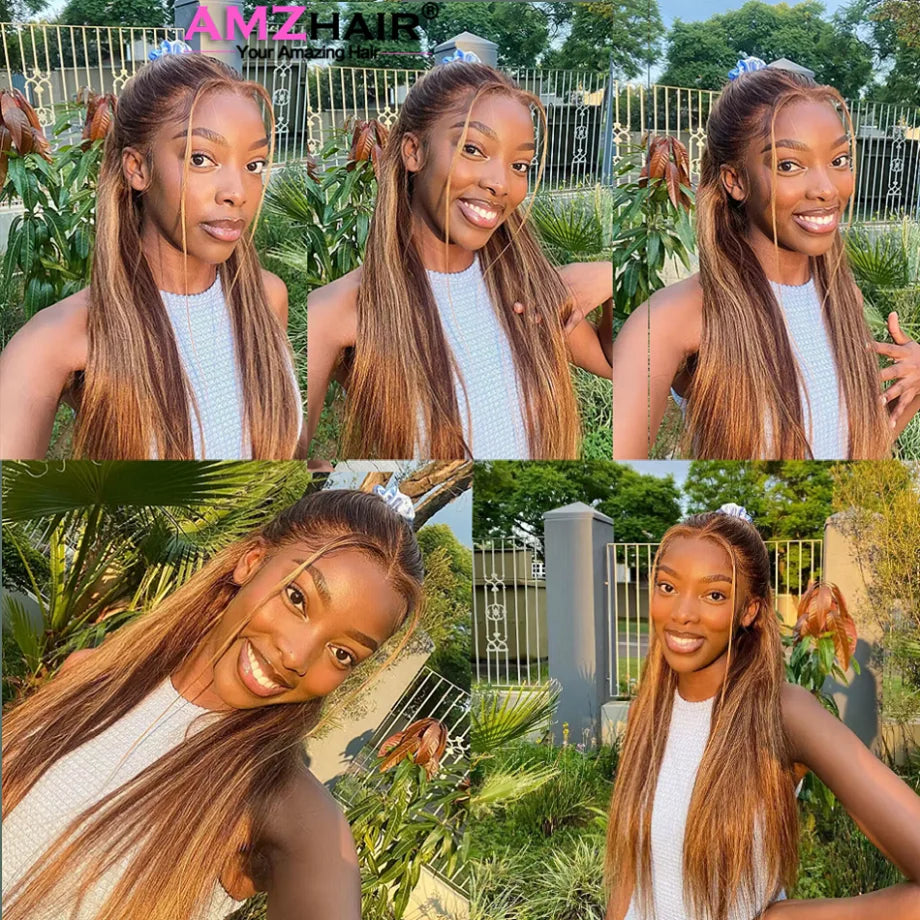 Hd 13x4 13x6 Highlight Straight Lace Front Human Hair Wig 360 Full Lace Wig PrePlucked Brazilian Blonde 4/27 Colored Frontal Wig