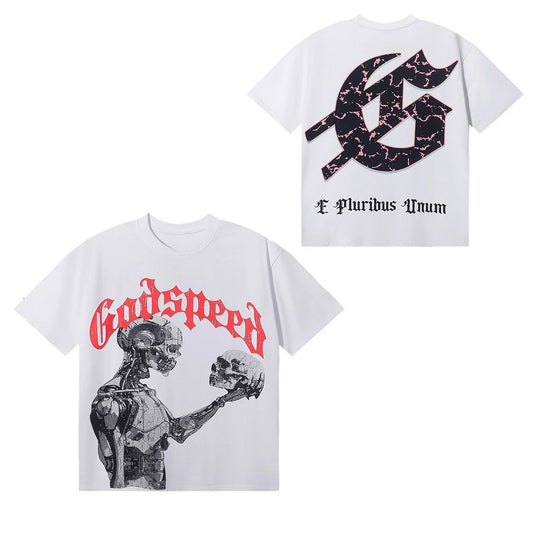 Godspeed Technology Gaze Skull Print High-quality Double-cotton Casual Short-sleeved T-shirts for Men and Women in Summer 2025