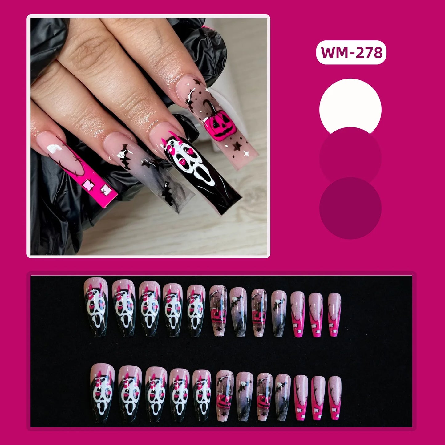 24pcs Halloween False Nails Ghost Witch Pumpkin Print Fake Nails Tips Wearable Detachable European Long Ballet Press on Nails