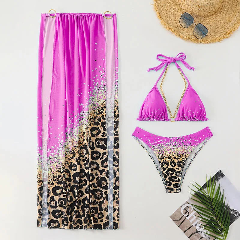 New Sexy Print Women Halter Swimwear Female Swimsuit Three-pieces Bikini Set Bather Bathing Suit Swim Lady