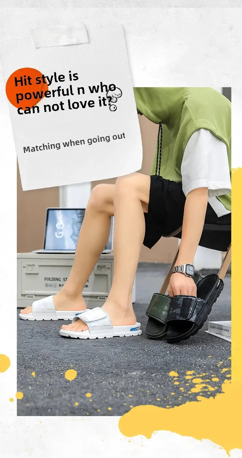 2025 Spring and Summer Trend Fashion Wear Super Soft Slippers Men's Velcro Air Cushion Personality All Casual One Word Slides