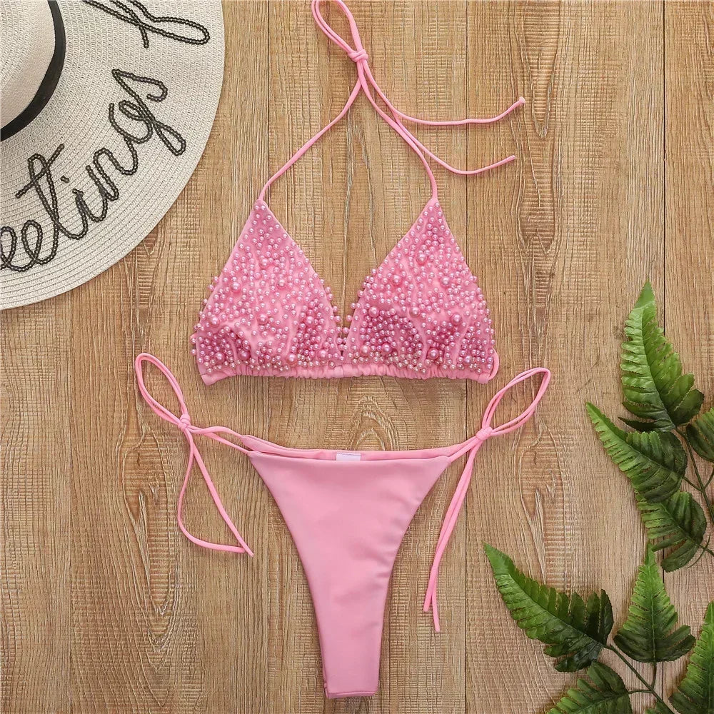 Pearl Bikini String Thong Swimsuit Kawaii Y2K Swimwear Trend Women Two Piece Bathing Suit Beachwear Bikinis Set Vacation Outfits