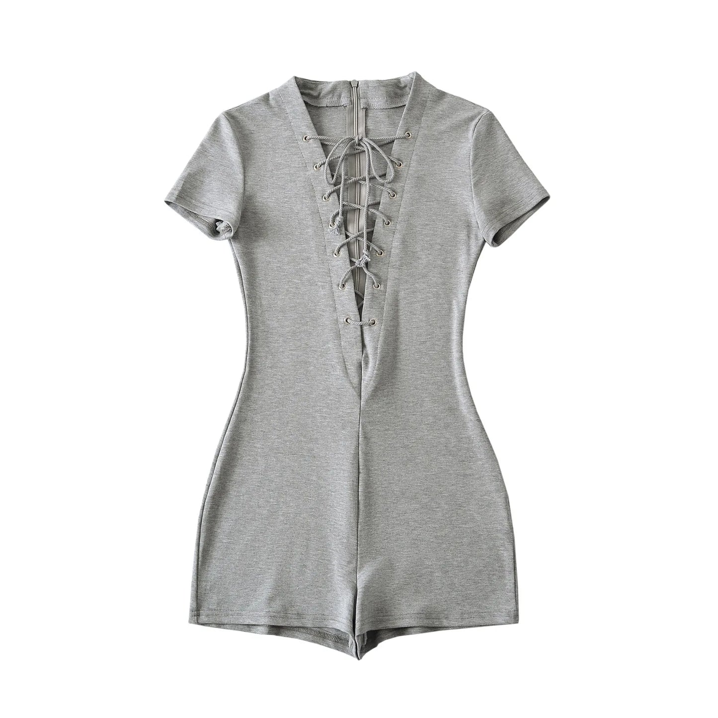 HLJ&GG Sexy Hollow Out Bandage Bodycon One Piece Rompers Women V Neck Short Sleeve Slim Jumpsuits Fashion Overalls Streetwear