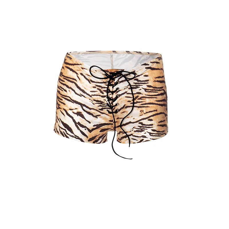 HLJ&GG Y2K Fashion Letter One Shoulder Crop Top Two Piece Sets Women Loose Tshirts And Tiger Shorts Outfits Summer Streetwear