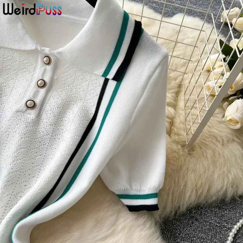 Weird Puss Contrast Stripe Dress Women Knitted Polo-Neck Short Sleeve Ruffles Stretch Hem Casual Trend Streetwear Mini Bodycon