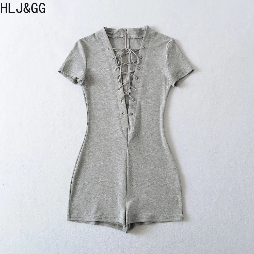 HLJ&GG Sexy Hollow Out Bandage Bodycon One Piece Rompers Women V Neck Short Sleeve Slim Jumpsuits Fashion Overalls Streetwear