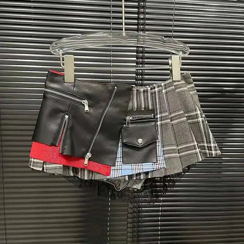 DEAT 2025 Summer New Patchwork Plaid Irregular Pleated Mini Skirt, Zipper Pockets Lace Design Skirts 29L7565