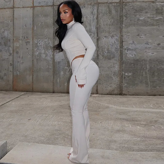 STYLISH LADY Solid Color Sporty 2 Piece Set Women Long Sleeve Crop Top and Flare Pant Suits 2025 Summer Casual Fitness Tracksuit