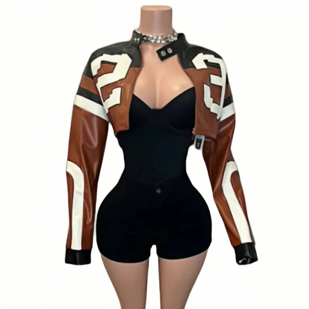 HLJ&GG Fashion Y2K Leather Jacket 3 Piece Sets Women Letter Print Zipper Long Sleeve Crop Top+Bodysuits+Shorts Outfit Streetwear