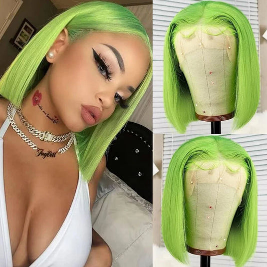 Short Straight Lime Green Lace Bob Wigs Human Hair Wigs Brazilian Remy Lace Frontal Wig Colored Lace Front Wig For Women
