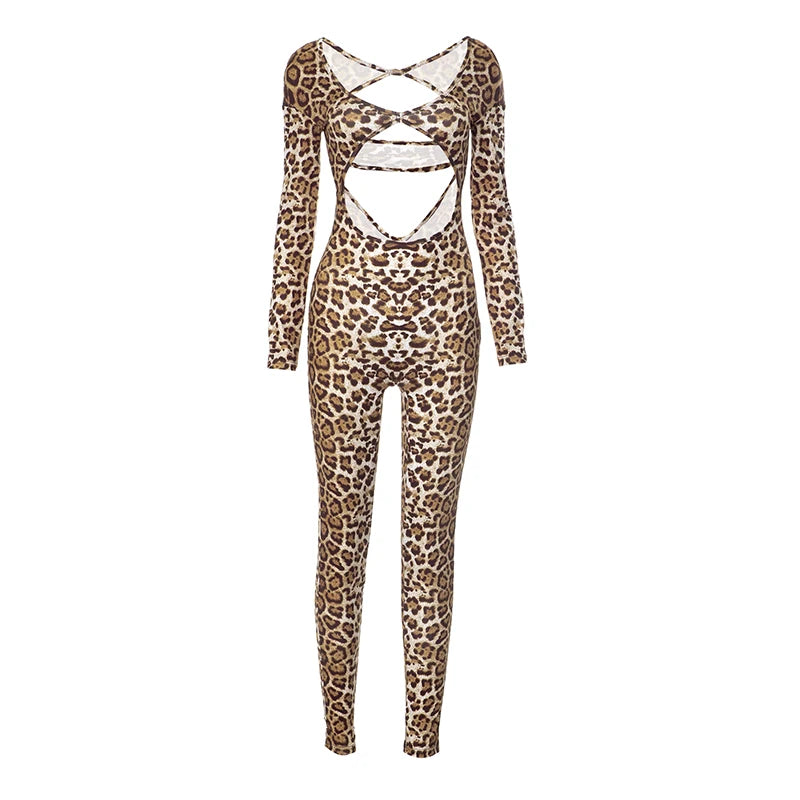 Weird Puss Leopard Print Jumpsuit Women Wild Hollow Low-Neck Sexy Skinny Full Sleeve Peach Hip Midnight Party Overalls Clubwear