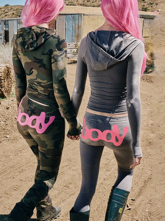 Weird Puss Letter Print 2 Piece Set Women Tracksuit Hooded Jacket+Leggings Matching Stretch Streetwear Casual Sporty Outfits