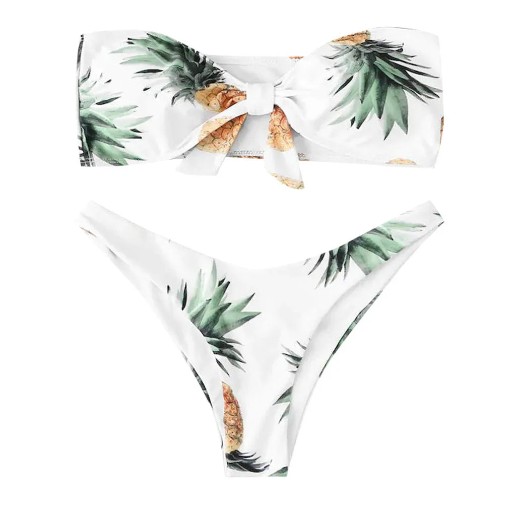 2024 Summer Women Bikini Set Trendy Sexy Solid Flower Printed Strapless Low Waist Swimsuit Beach Style Bathing Suit