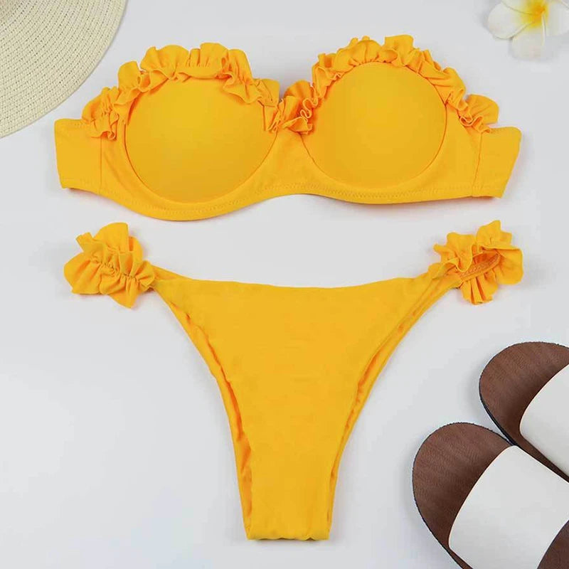 Solid Bikini Set Women Swimsuit Chic Ruffles Micro Bikini Split Bathing Suit Summer 2025 New Beach Spice Girl Swimwear