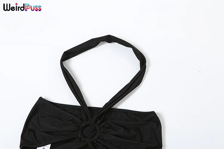 Weird Puss Sexy 2 Piece Set Women Hipster Halter Cross Wrapped Camisole+Ruched Hollow Leggings Street Summer Trend Matching Suit