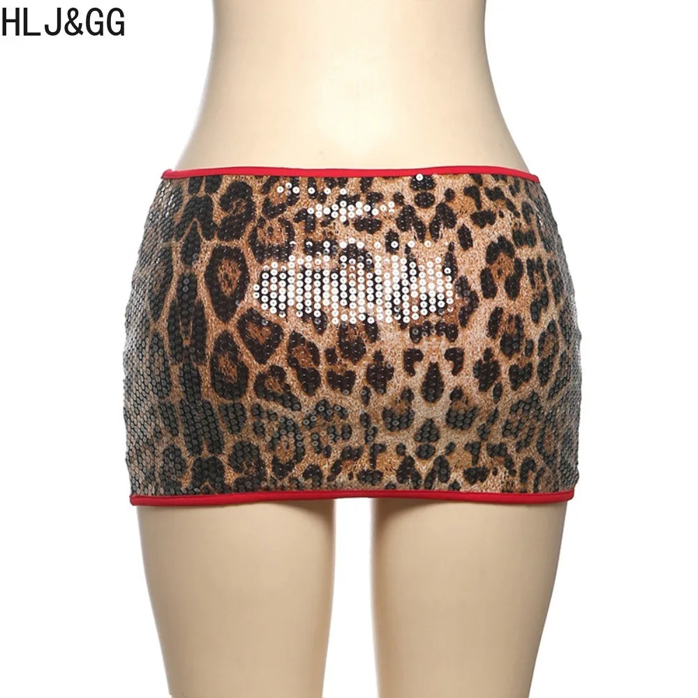HLJ&GG Fashion Y2K Sequin Leopard Mini Skirts Two Piece Sets Women O Neck Short Sleeve Slim Croptop And Skirts Outfit Streetwear
